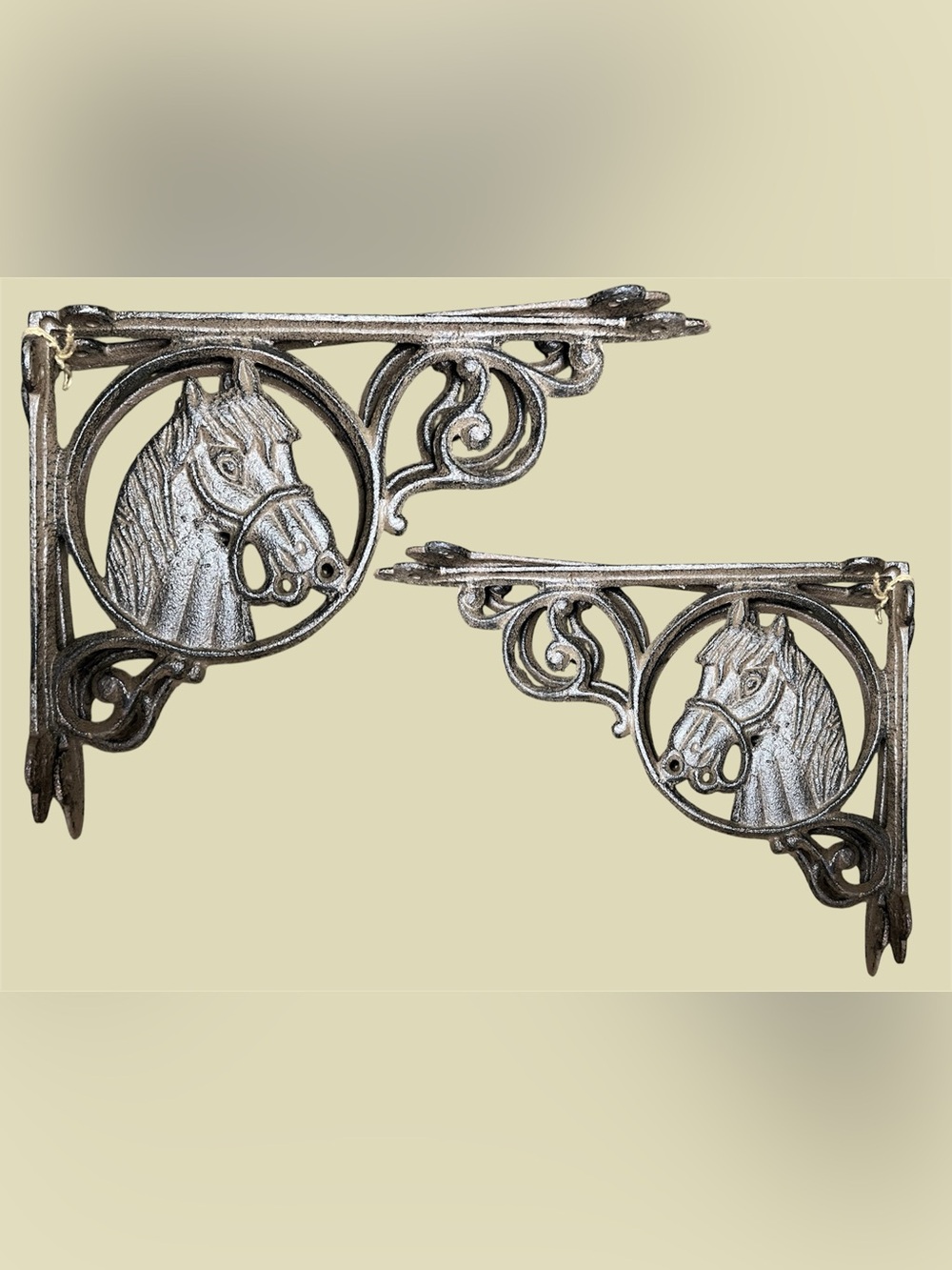 Vintage Decorative Horse Head Cast Iron Shelf Brackets - Pair